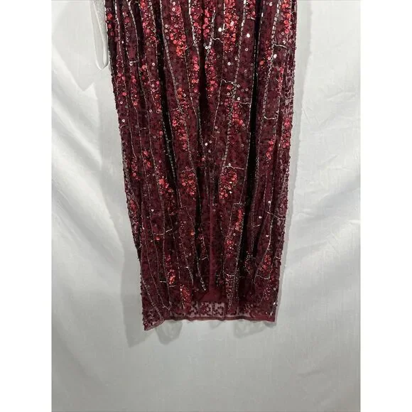 NEW $398 Mac Duggal [ 14 ] Beaded Spaghetti Strap Midi Slip Dress Burgundy